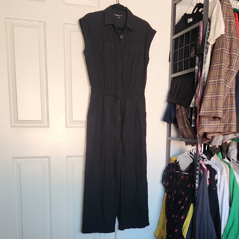 Womans Linen Sleveless Wide Leg Jumpsuit In Black Medium